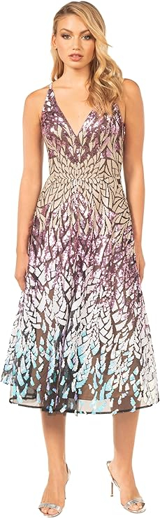 Dress the Population Women's Elisa Sleeveless Plunge Neckline Fit and Flare Midi Dress