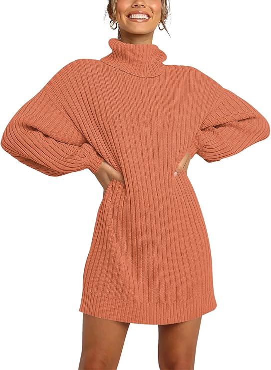 ANRABESS Women Oversized Sweater Dress Turtleneck Batwing Long Sleeve Ribbed Knit Loose 2024 Fall Winter Casual Short Dress