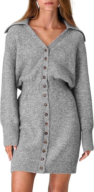 PRETTYGARDEN Womens Fall Sweater Dress Long Sleeve V Neck Button Down Knit Pullover Winter Dresses